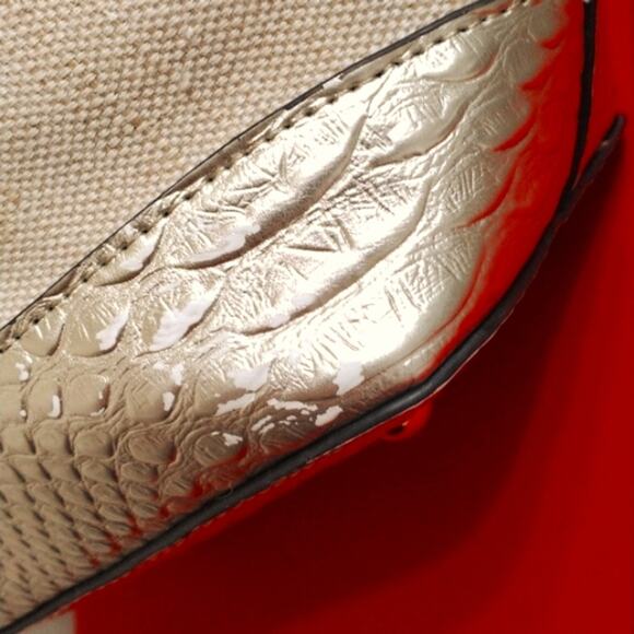 London Fog TOTE Bag 12x20 Gold Leather Trim Shoulder Strap 4 Feet Canvas Luxury - Picture 13 of 16